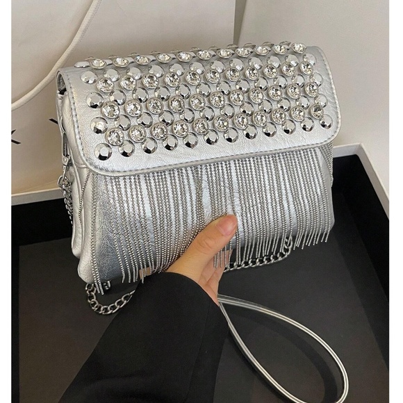 Luxe Vegan Leather Studded Tassel Shoulder Crossbody Bag - Picture 1 of 13